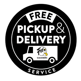 Black and white circular logo for a cleaning service offering free pickup and delivery.