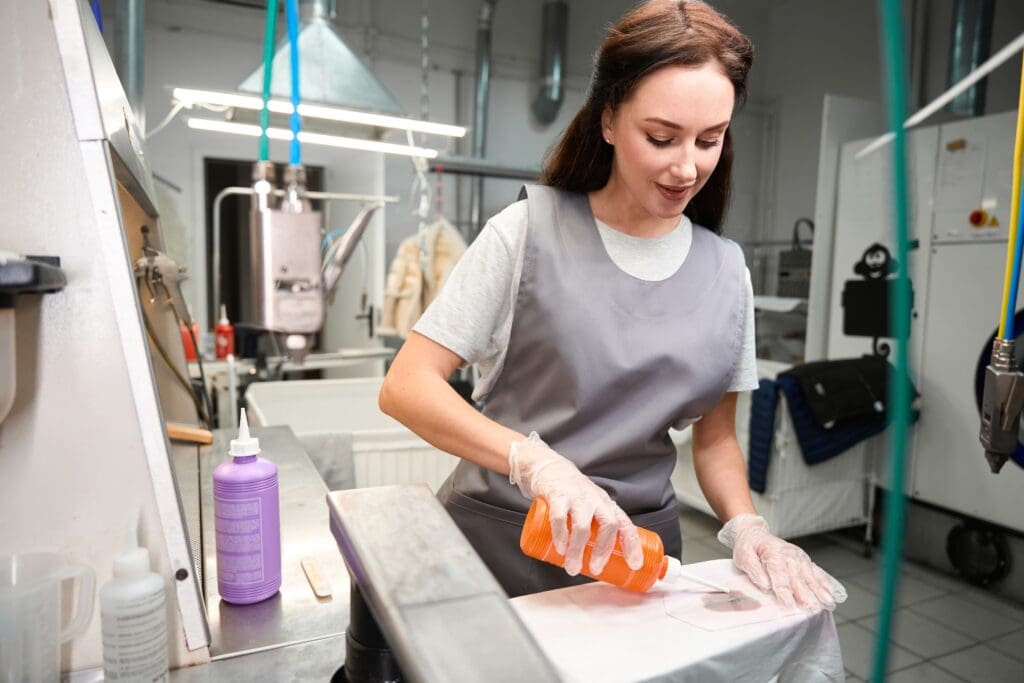 A woman wearing a gray apron and gloves applies a liquid onto a piece of material in a lab or workshop setting. Various equipment and supplies are visible around her.