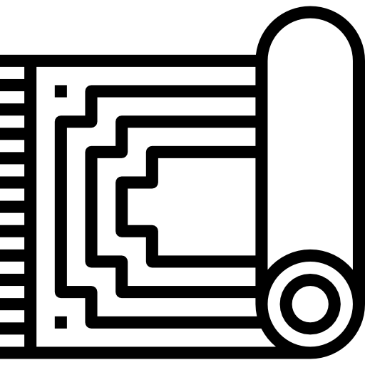 Black and white line drawing of a partially unrolled patterned rug or carpet with geometric designs.