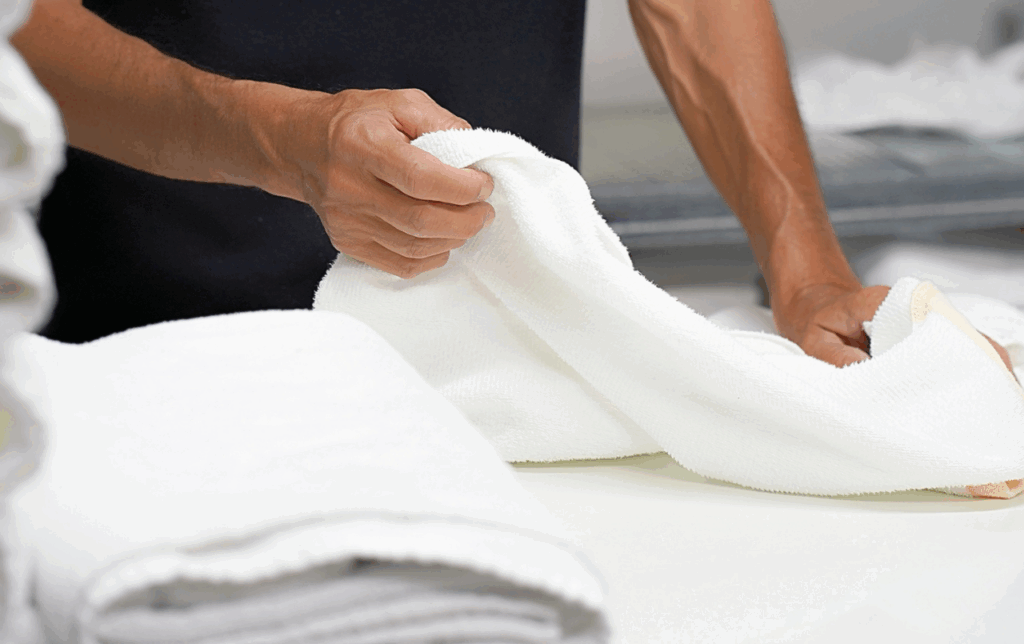 A person folding a white towel on a table, with other folded towels nearby.
