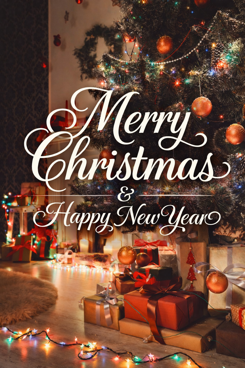 A decorated Christmas tree with ornaments and lights stands beside wrapped gifts; text reads, "Merry Christmas & Happy New Year.