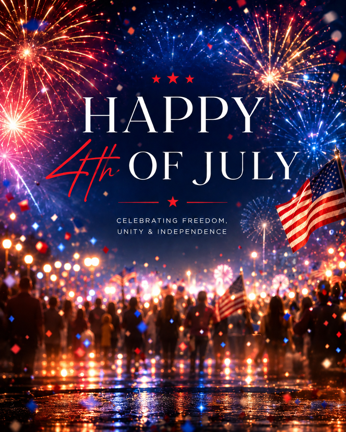 A crowd watches fireworks and holds American flags at night, with text reading "Happy 4th of July—Celebrating Freedom, Unity & Independence.