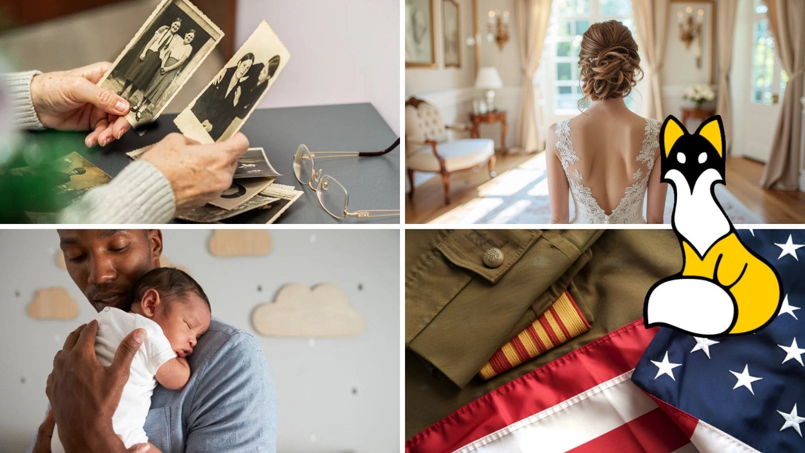 A collage with a person holding old photos, a bride from behind, a man holding a baby, and a folded U.S. flag with a cartoon fox. A collage with a person holding old photos, a bride from behind, a man holding a baby, and a folded U.S. flag with a cartoon fox.