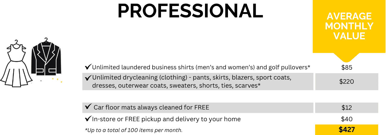 Pricing chart for a “Professional” clothing care plan showing services like laundered shirts, drycleaning, car mat cleaning, and pickup, with a total monthly value of $427.